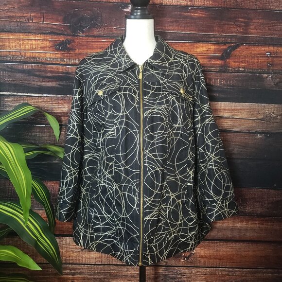 Peter Nygard Jacket Blazer 18 Embroidered 3/4 Sleeves Black Gold Full Zip Lined - Picture 1 of 9